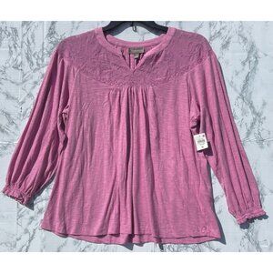 Style & Co Lace Knit Top Pink Rain 1X Womens Long Sleeve Pullover Blouse